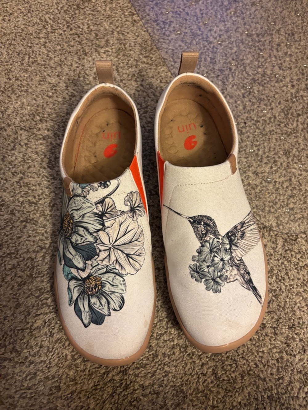 UIN Cream Floral & Hummingbird Slip-On Flats with Orange Accent